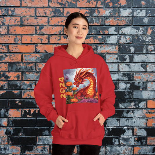 Year of the Dragon 2024 Graphic Chinese Dragon Floral Design Men's Women's Hooded Sweatshirt, Gift for Nerds, Dragon Lover