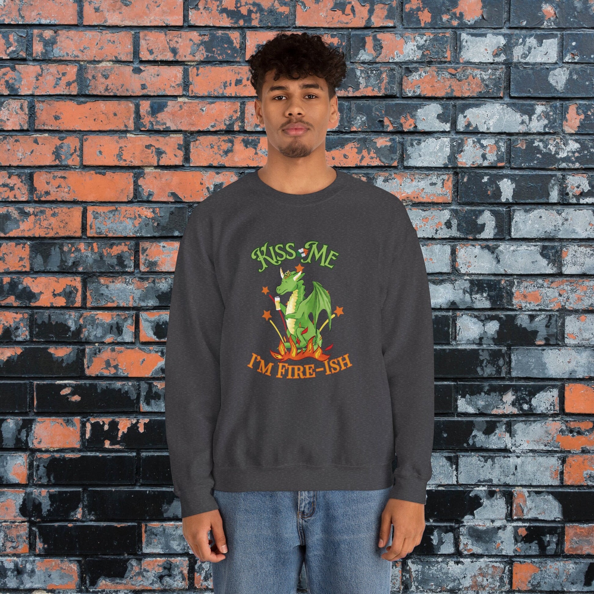 Kiss Me I'm Fire-ish Cute Dragon Saint Patrick's Day Sweatshirt, St Paddy's for Nerds, Funny Irish Sweatshirt