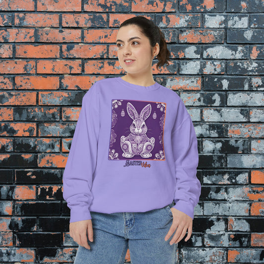 Cool Zen 'Easter Vibes" Purple Bunny Comfort Colors Sweatshirt, Mandala Design, Perfect Holiday Shirt For Yoga Nerds