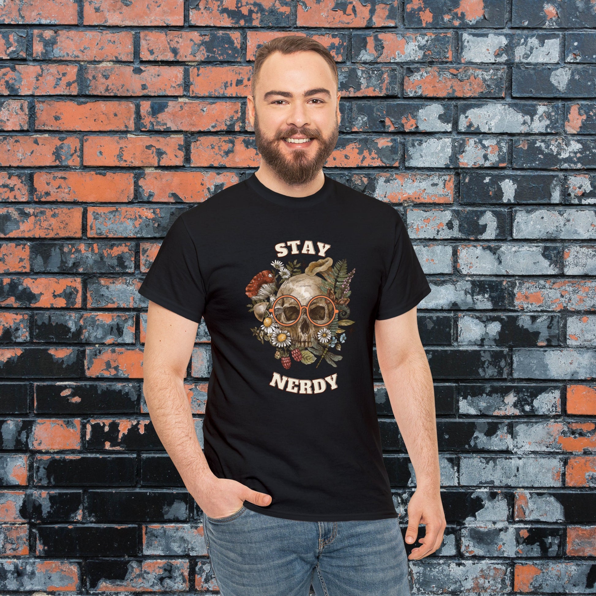 Stay Nerdy Floral Skull Men's Women's Tee, Gift for Nerds, Computer Geeks, D&D Fans