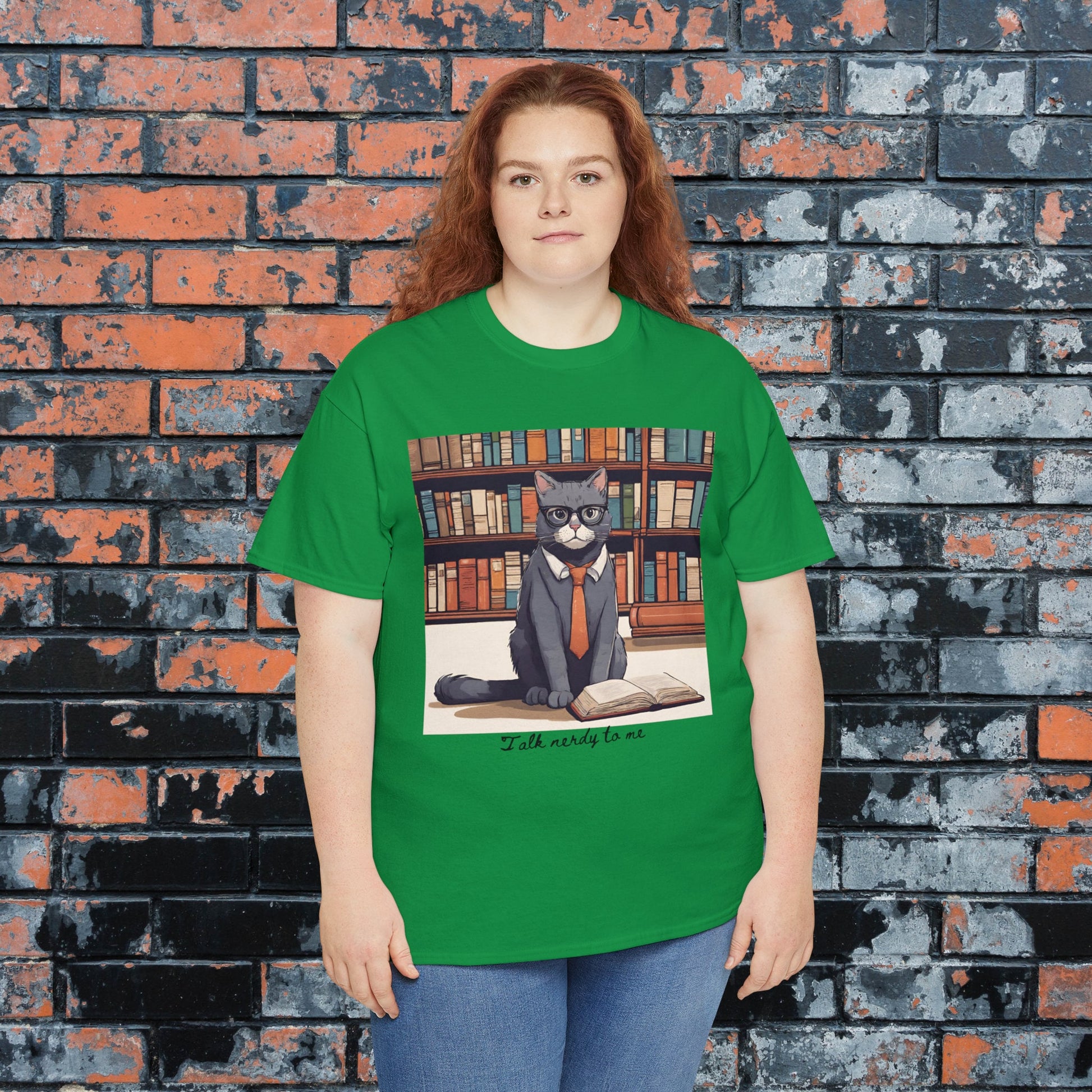 Talk Nerdy to Me: Cat in Library with Tie T-Shirt Anime Style Men's Women's T-shirt, Gifts for Nerds, Book Worms, Cat lovers