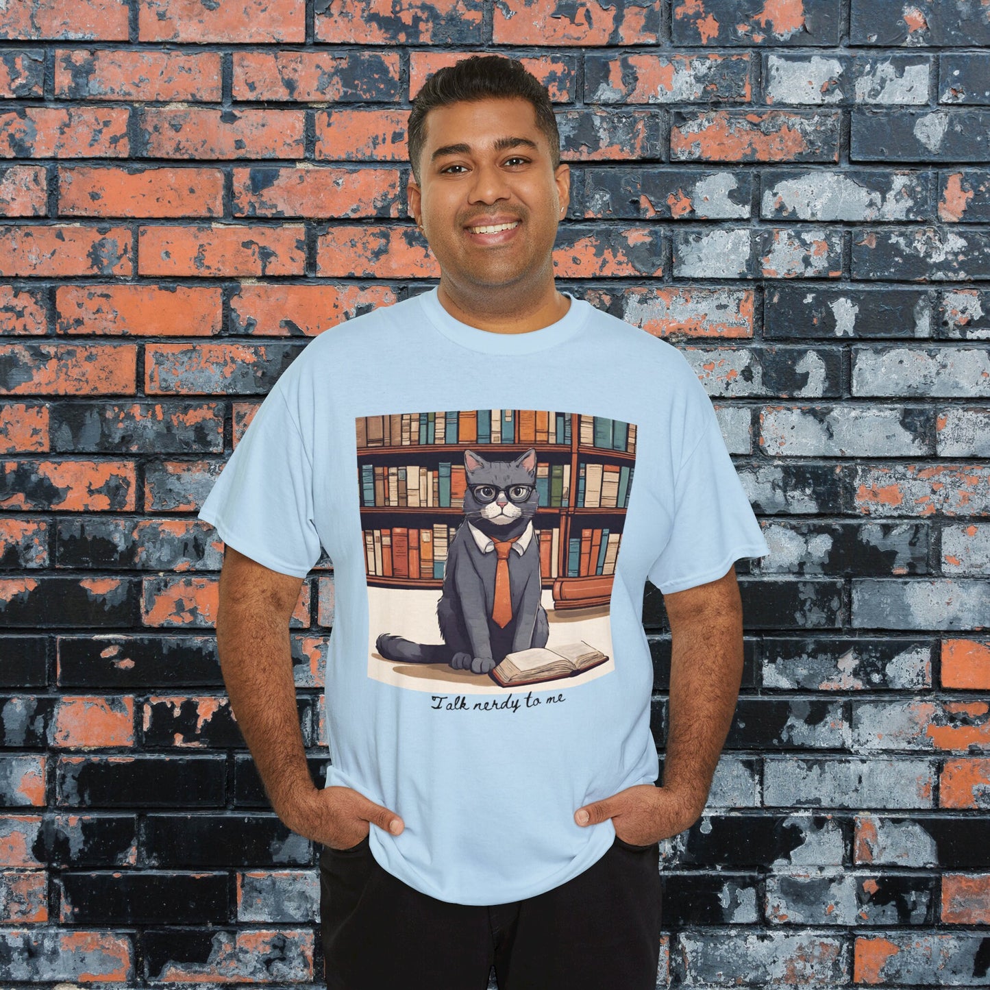 Talk Nerdy to Me: Cat in Library with Tie T-Shirt Anime Style Men's Women's T-shirt, Gifts for Nerds, Book Worms, Cat lovers