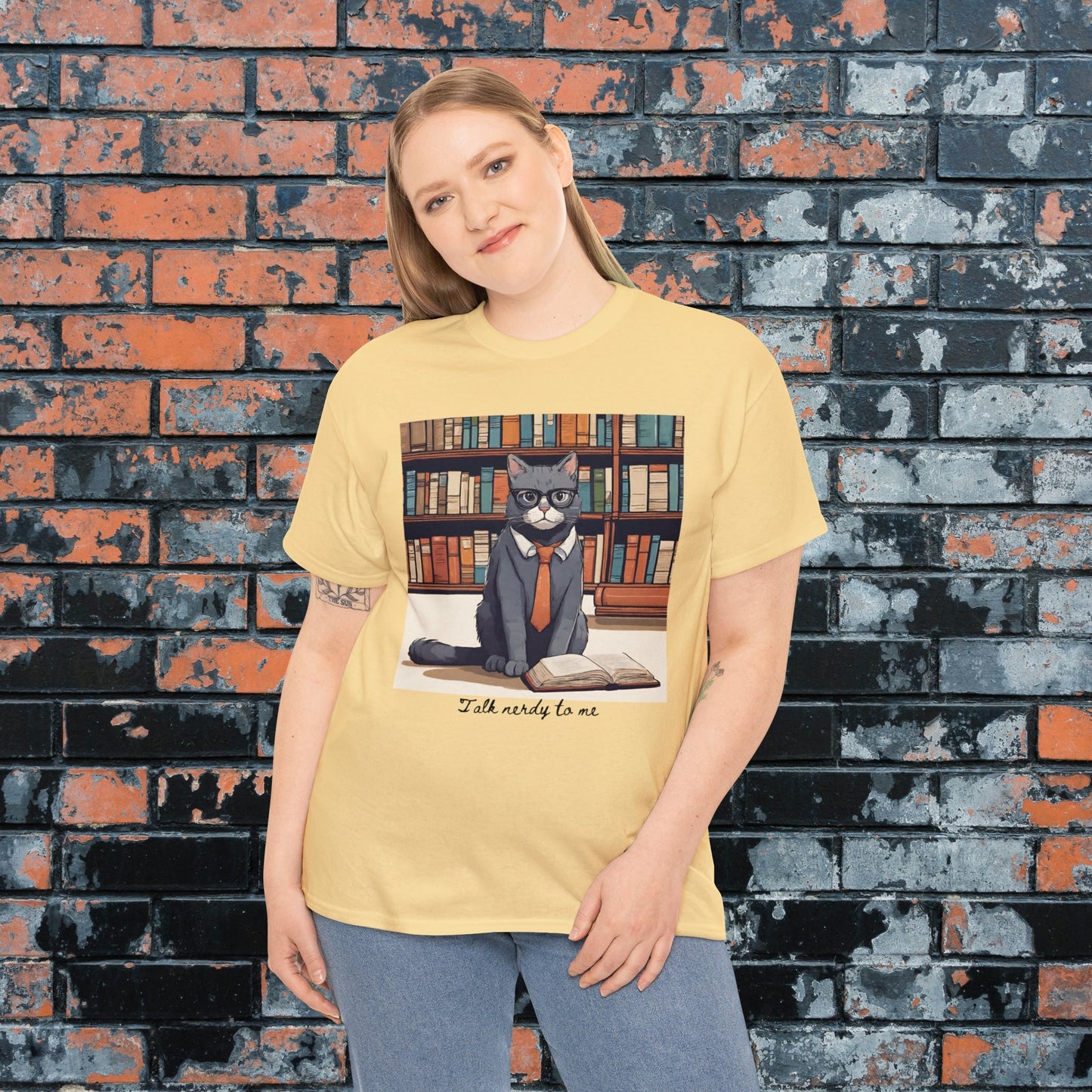 Talk Nerdy to Me: Cat in Library with Tie T-Shirt Anime Style Men's Women's T-shirt, Gifts for Nerds, Book Worms, Cat lovers