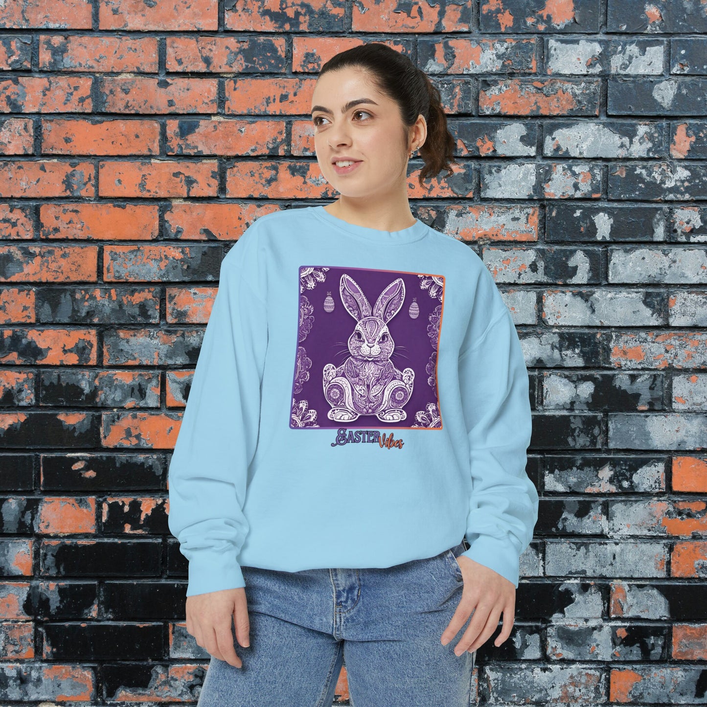 Cool Zen 'Easter Vibes" Purple Bunny Comfort Colors Sweatshirt, Mandala Design, Perfect Holiday Shirt For Yoga Nerds