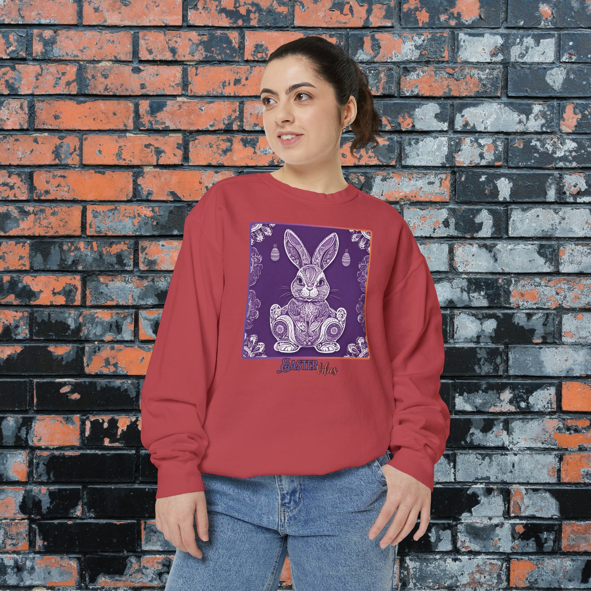 Cool Zen 'Easter Vibes" Purple Bunny Comfort Colors Sweatshirt, Mandala Design, Perfect Holiday Shirt For Yoga Nerds